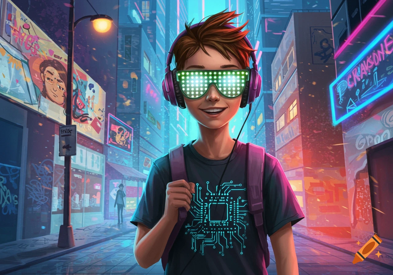 A smiling boy with LED glasses and headphones stands in a vibrant, futuristic cyberpunk city at night.