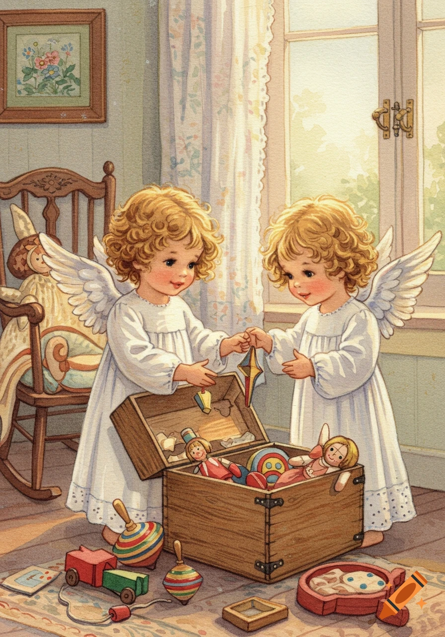 Two little angels in white dresses packing a wooden box with nostalgic toys in a sunlit room, watercolor style.