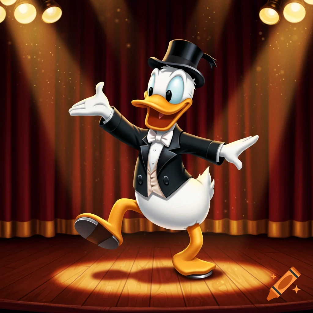 Donald Duck in a black tuxedo and top hat tap dances under bright spotlights on a wooden stage with red curtains.