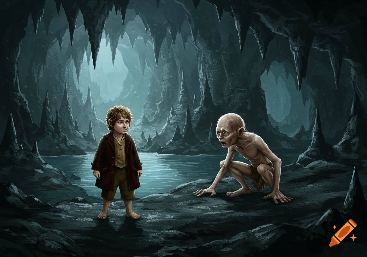 Illustration of Bilbo and Gollum in a dark, misty cave with a pool of water and jagged rock formations.