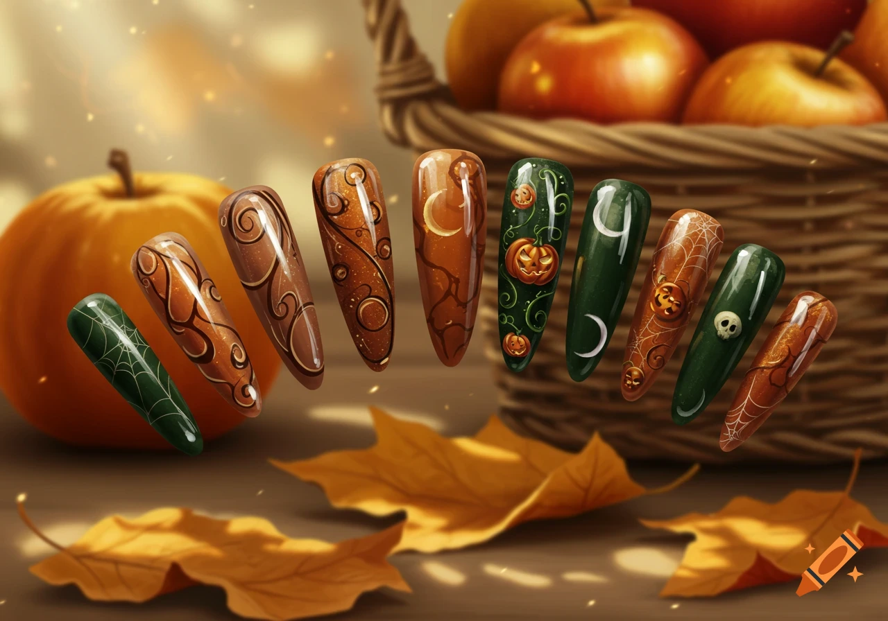 A collection of false nails with autumn and Halloween designs like pumpkins, spiderwebs, and swirls, next to fall leaves and pumpkins.