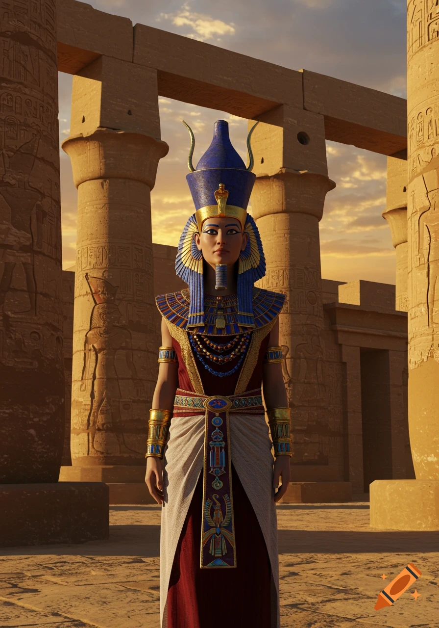A realistic portrait of a person in ancient Egyptian royal attire and blue headdress, standing before a temple.