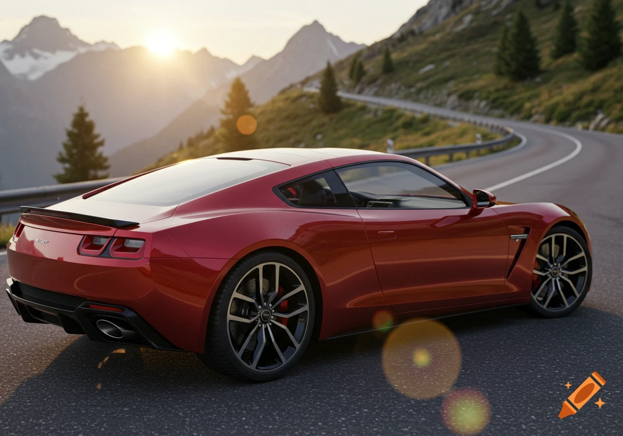 A sleek red sports car drives on a winding mountain road during sunset, with mountains in the background.
