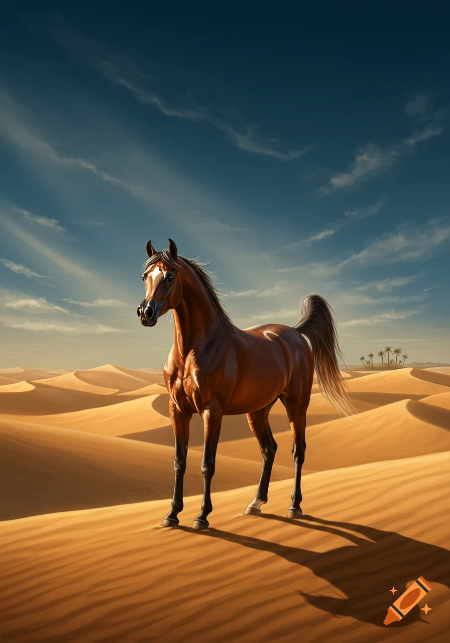A majestic brown Arabian horse stands in a vast, sunlit desert with rolling sand dunes and distant palm trees under a blue sky.