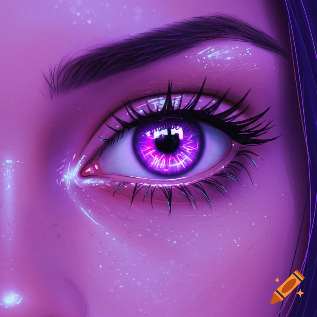 Close-up of a glowing neon purple eye with long lashes in an anime style.
