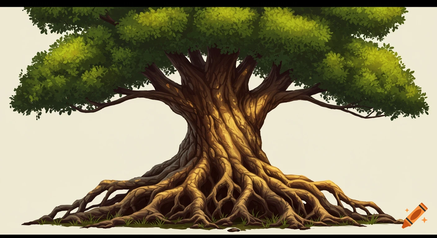Stylized illustration of a large tree with a thick, textured trunk and prominent, spreading roots. Lush green foliage fills the top.