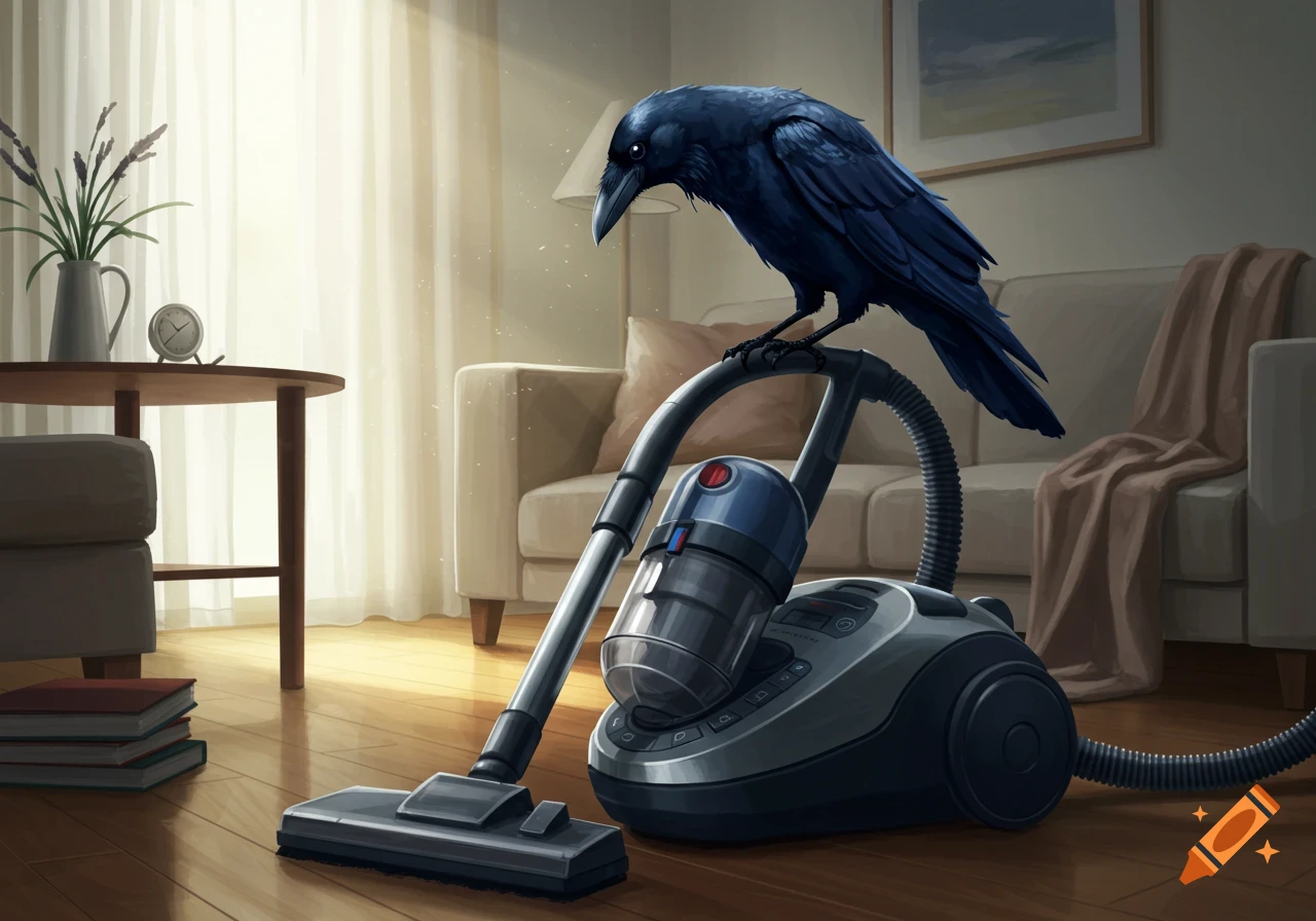 Digital illustration of a crow perched on a vacuum cleaner in a sunlit living room.