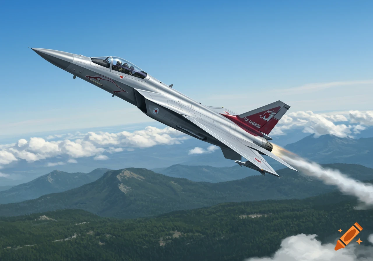 Photorealistic silver fighter jet with red tail markings and fiery exhaust, soaring over green mountains beneath a clear blue sky.