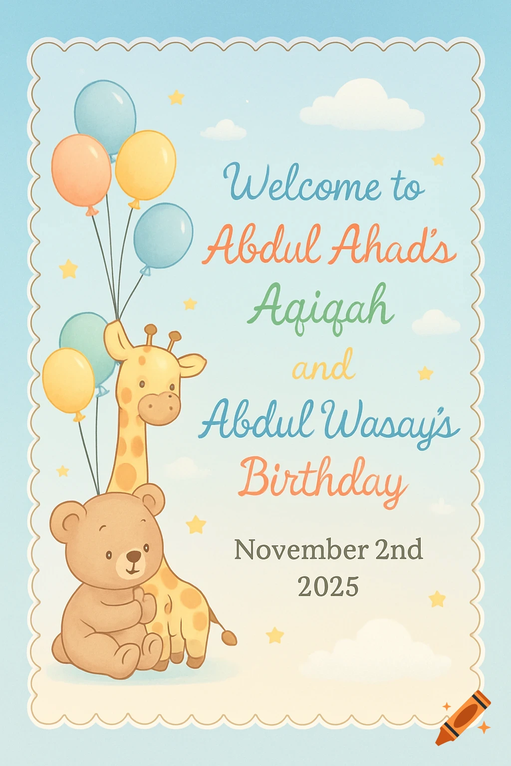 A cartoon-style baby blue invitation card featuring a bear and giraffe holding balloons, with text for a joint Aqiqah and Birthday celebration.