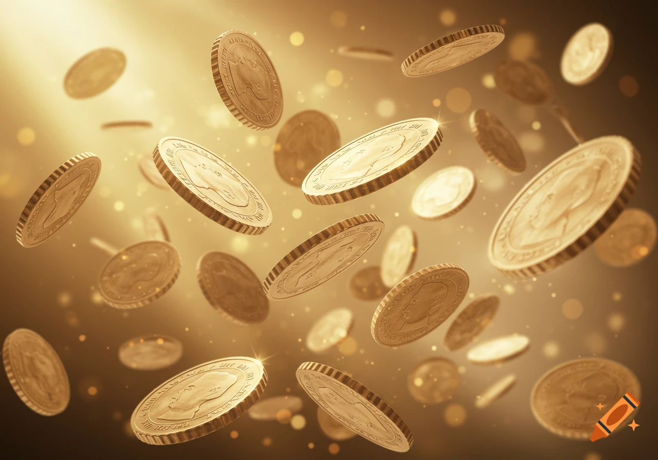 Shiny gold coins with embossed faces and patterns are suspended in mid-air against a warm, glowing, bokeh background.