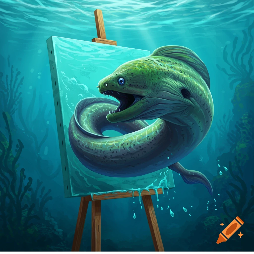 A vivid green moray eel painted on a canvas on an easel, submerged in a clear blue ocean with sunlight and seaweed.