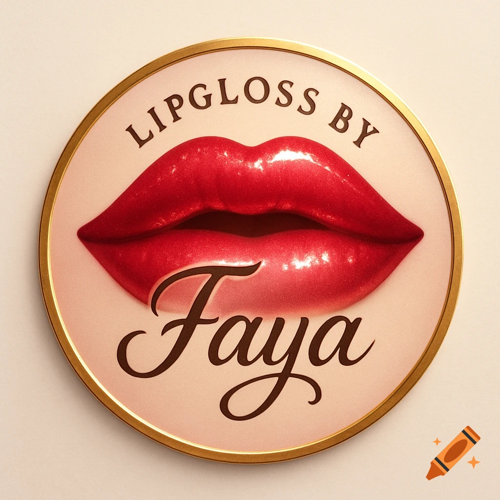 A round golden-rimmed logo featuring glossy red lips, with "LIPGLOSS BY" above and "Faya" below.