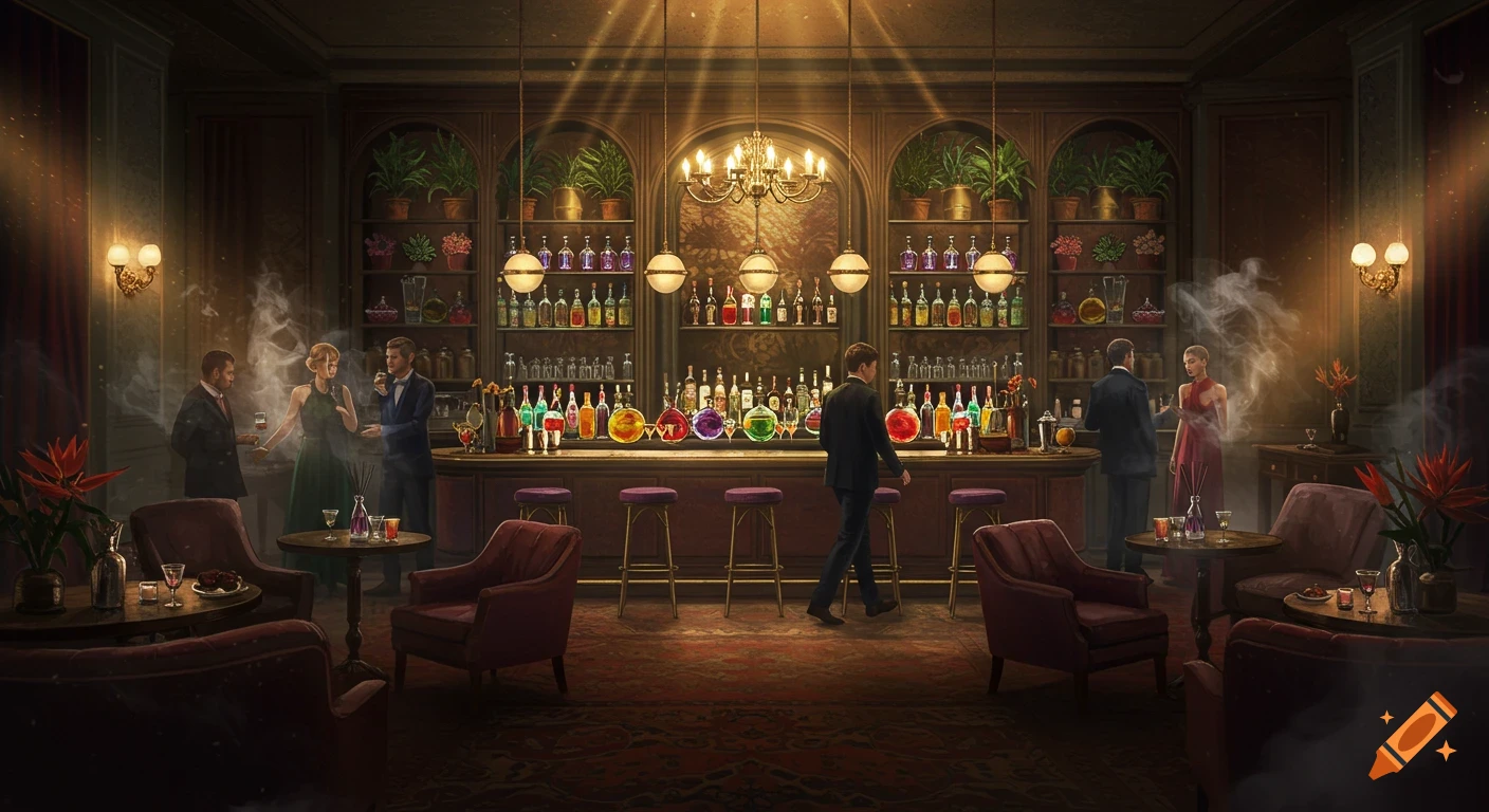 A richly decorated, dimly lit lounge bar with people socializing, glowing bottles on the counter, and elegant furnishings.