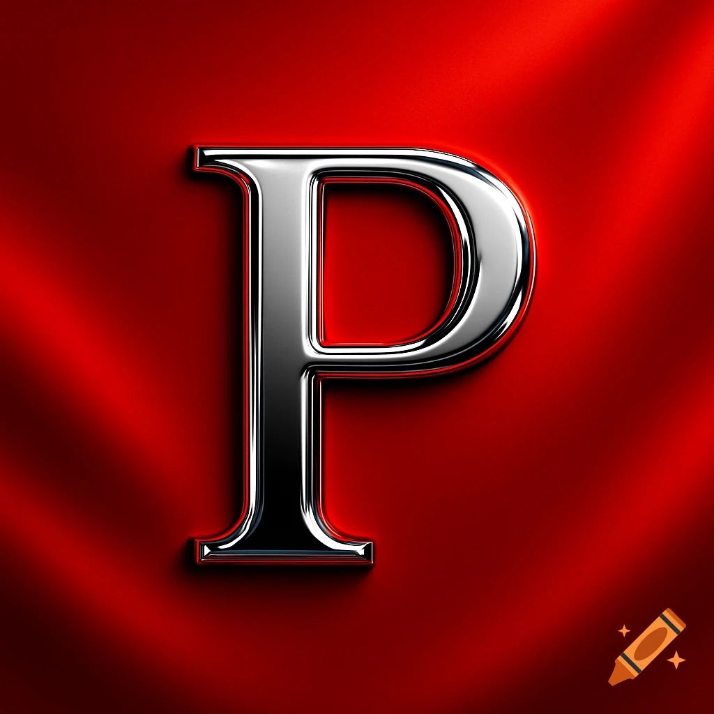 A shiny chrome letter P on a vibrant red background with soft folds.
