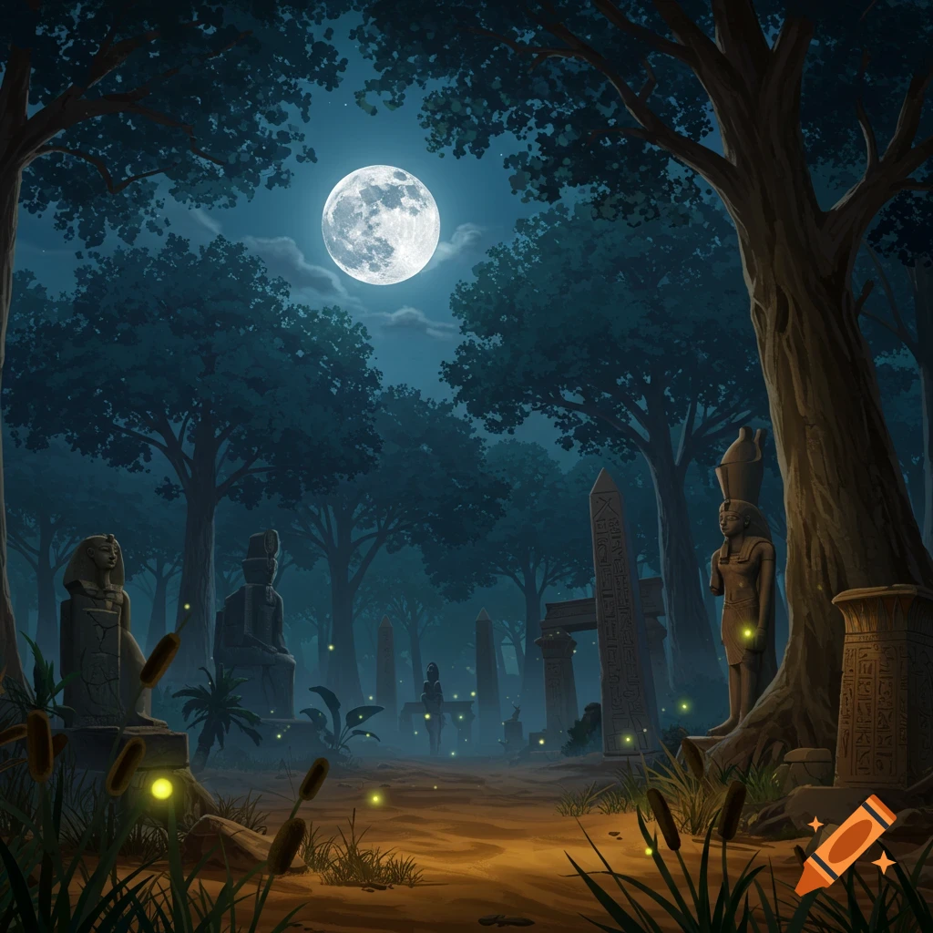 A mystical, moonlit forest at night with ancient Egyptian ruins and statues, illuminated by glowing fireflies.