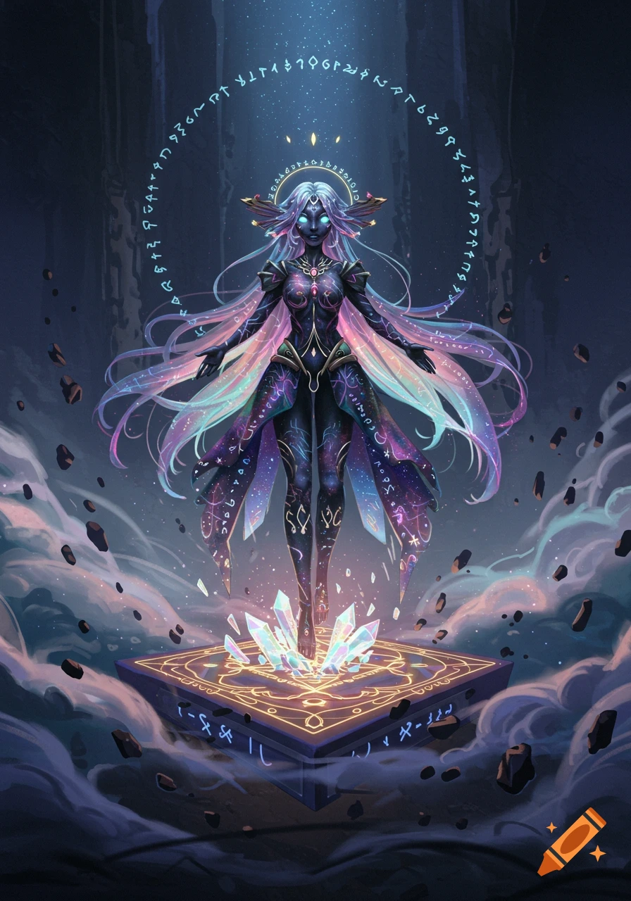 A mystical dark-skinned female figure with glowing eyes, flowing rainbow hair, and cosmic patterns on her body stands on a glowing magical platform amidst crystals, floating rocks, and ethereal clouds, with a ring of symbols above her head, in a digital art style.