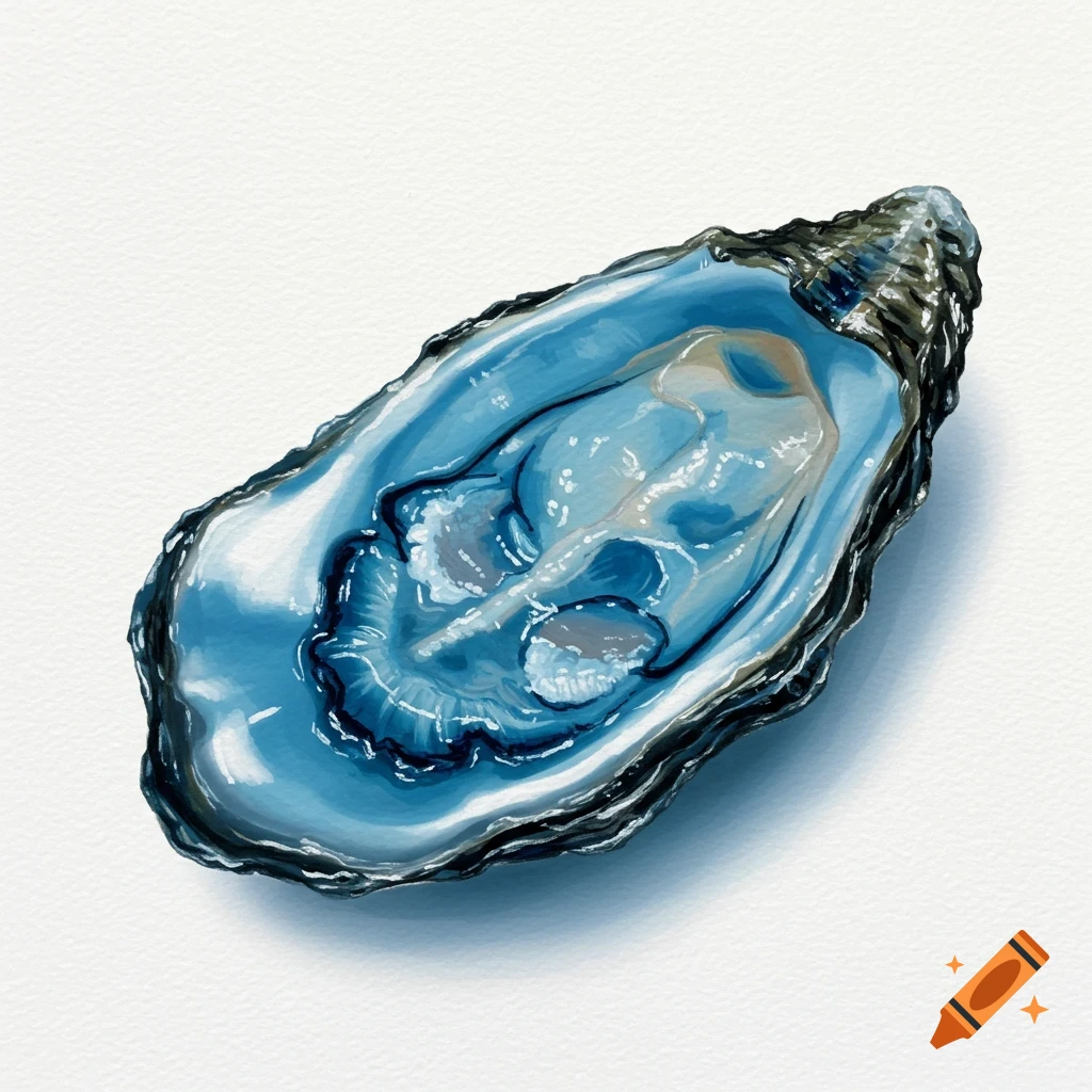 A detailed illustration of a vibrant blue oyster in its shell on a clean white background.