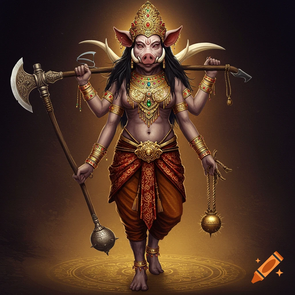 A four-armed pig-headed deity adorned with gold jewelry and crown, holding an axe, mace, and rope, standing on a patterned floor.