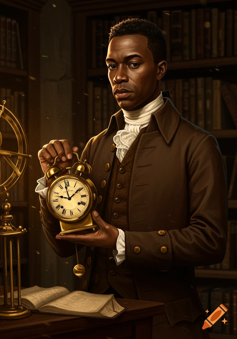 A man in historical attire holds an ornate golden clock in a dimly lit library, with a book and scientific instrument on a table.