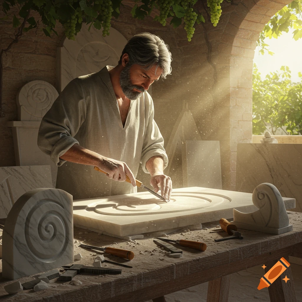 A bearded stonemason in a white tunic carves a decorative design into a marble slab on a workbench, bathed in sunlight.
