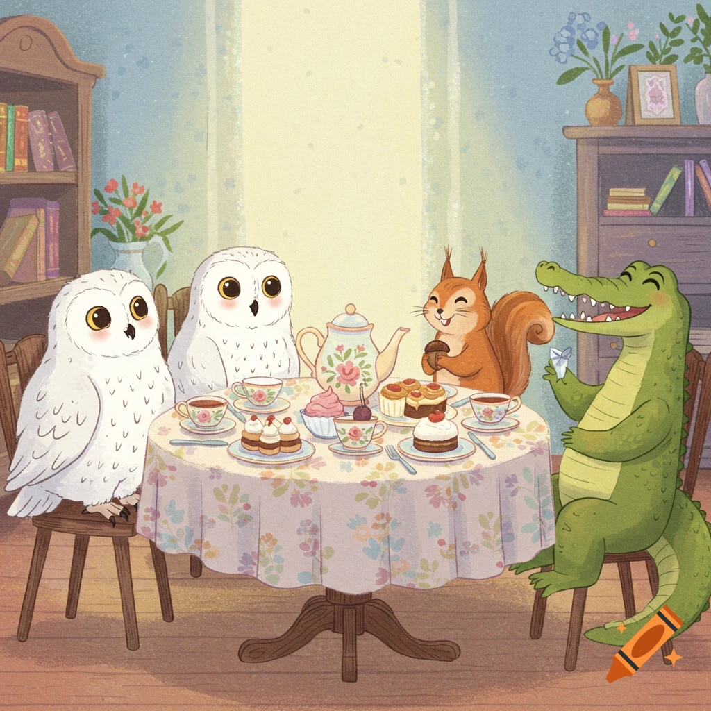Two white owls, a squirrel, and a crocodile share tea and treats at a table in a whimsical children's book illustration.