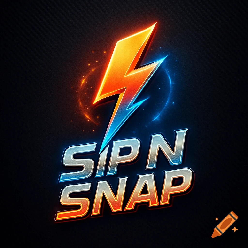Stylized energy drink logo with a dual-colored lightning bolt and the text 'SIP N SNAP' on a dark textured background.