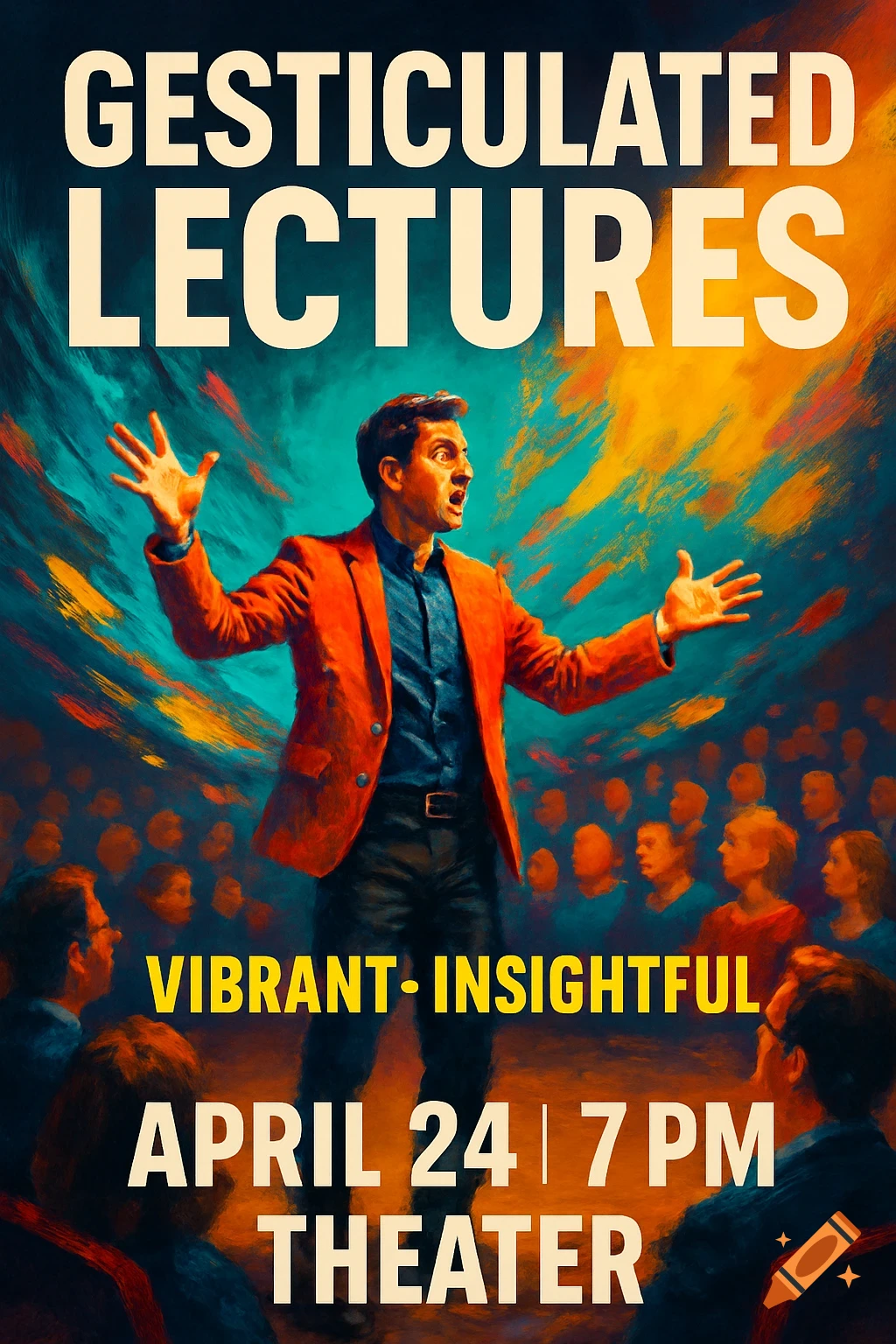 A vibrant, painterly poster of a man in a red jacket gesticulating while lecturing to an audience. Text reads GESTICULATED LECTURES, VIBRANT INSIGHTFUL, APRIL 24 | 7 PM THEATER.