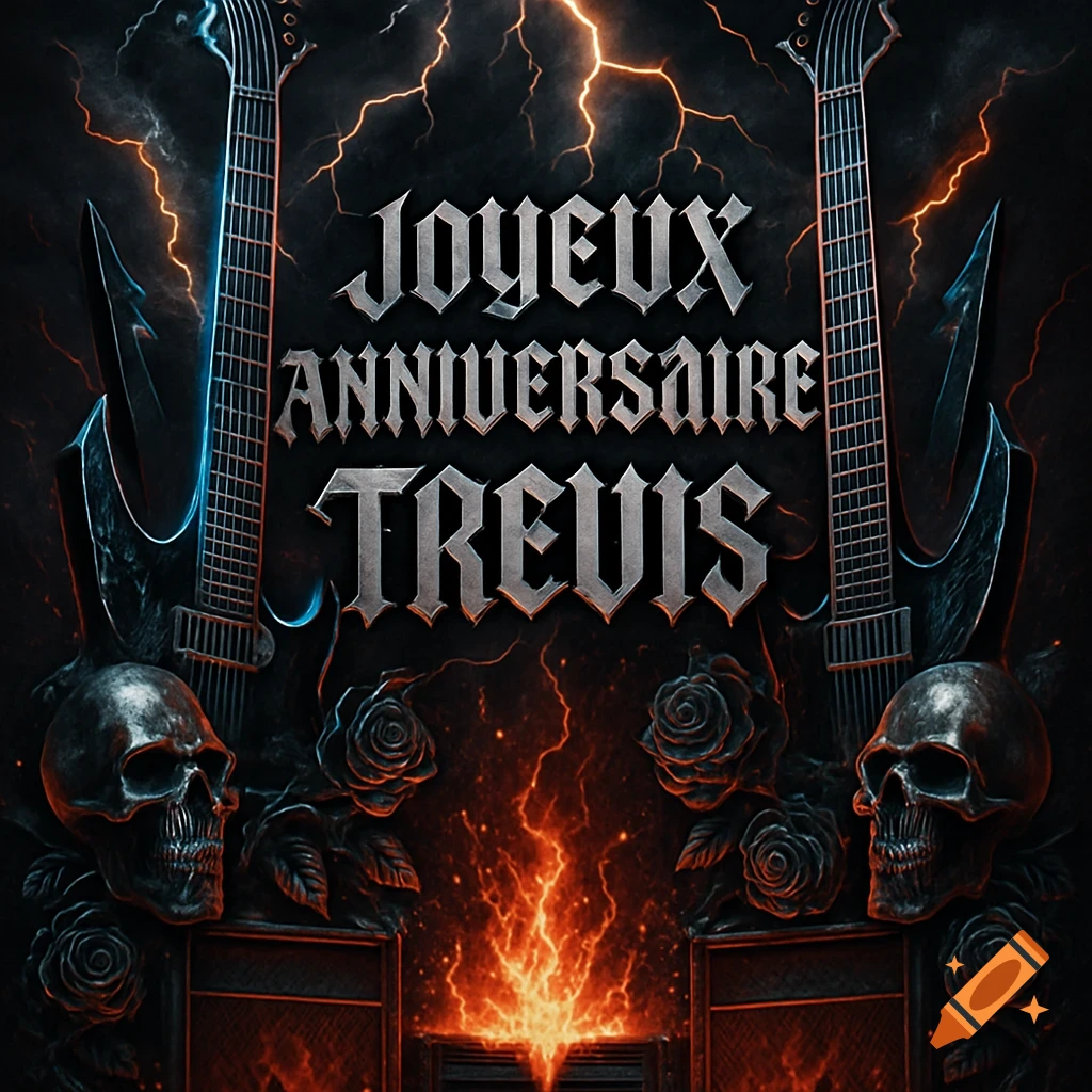 Heavy metal birthday graphic with two guitars, skulls, fire, lightning, and 'Joyeux Anniversaire Trevis' text.