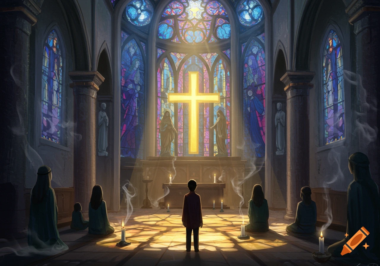 Solemn church interior with a glowing golden cross, stained glass windows, and people kneeling on the sunlit floor, digital art.