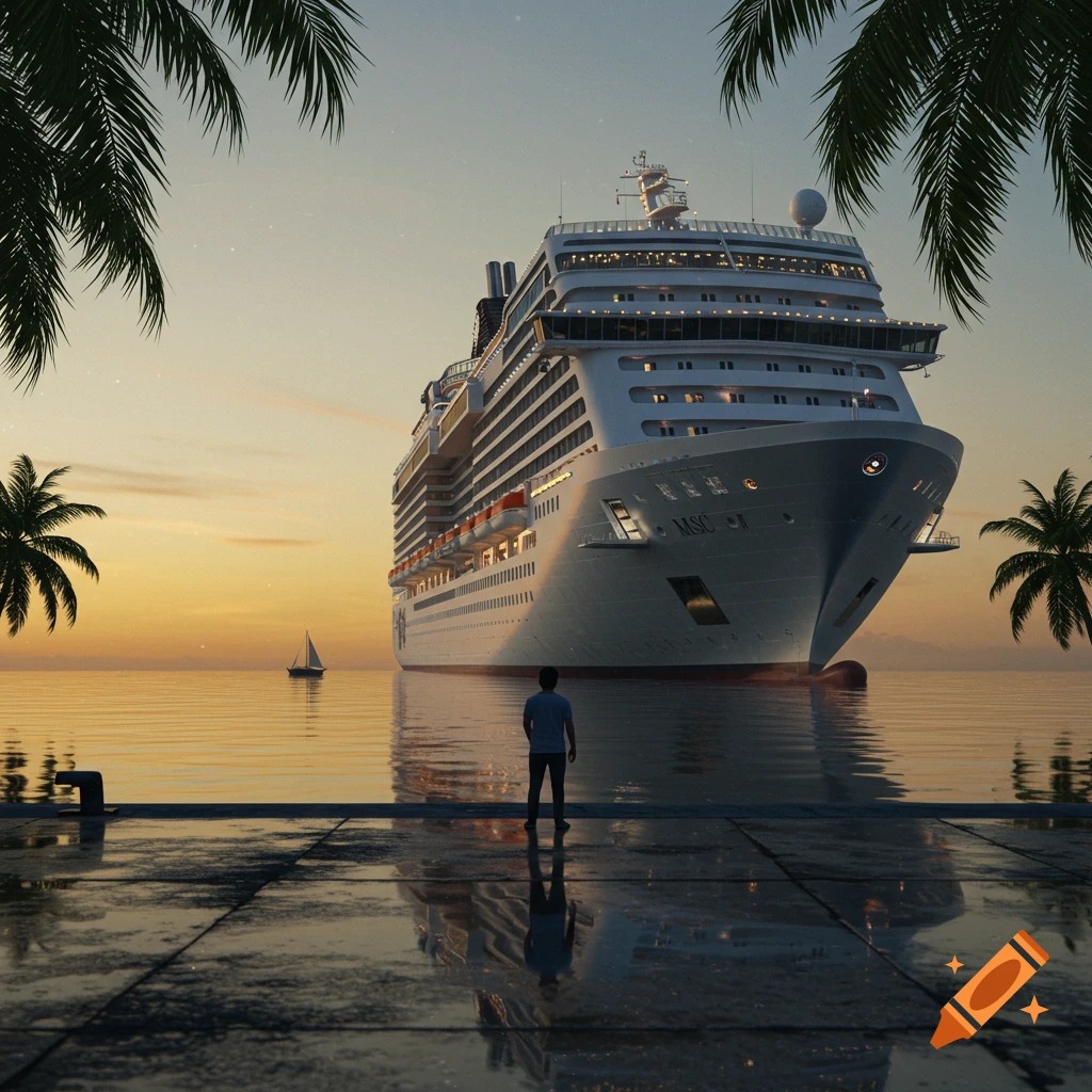 A person stands on a pier looking at a massive cruise ship on the ocean at sunset, framed by palm trees.