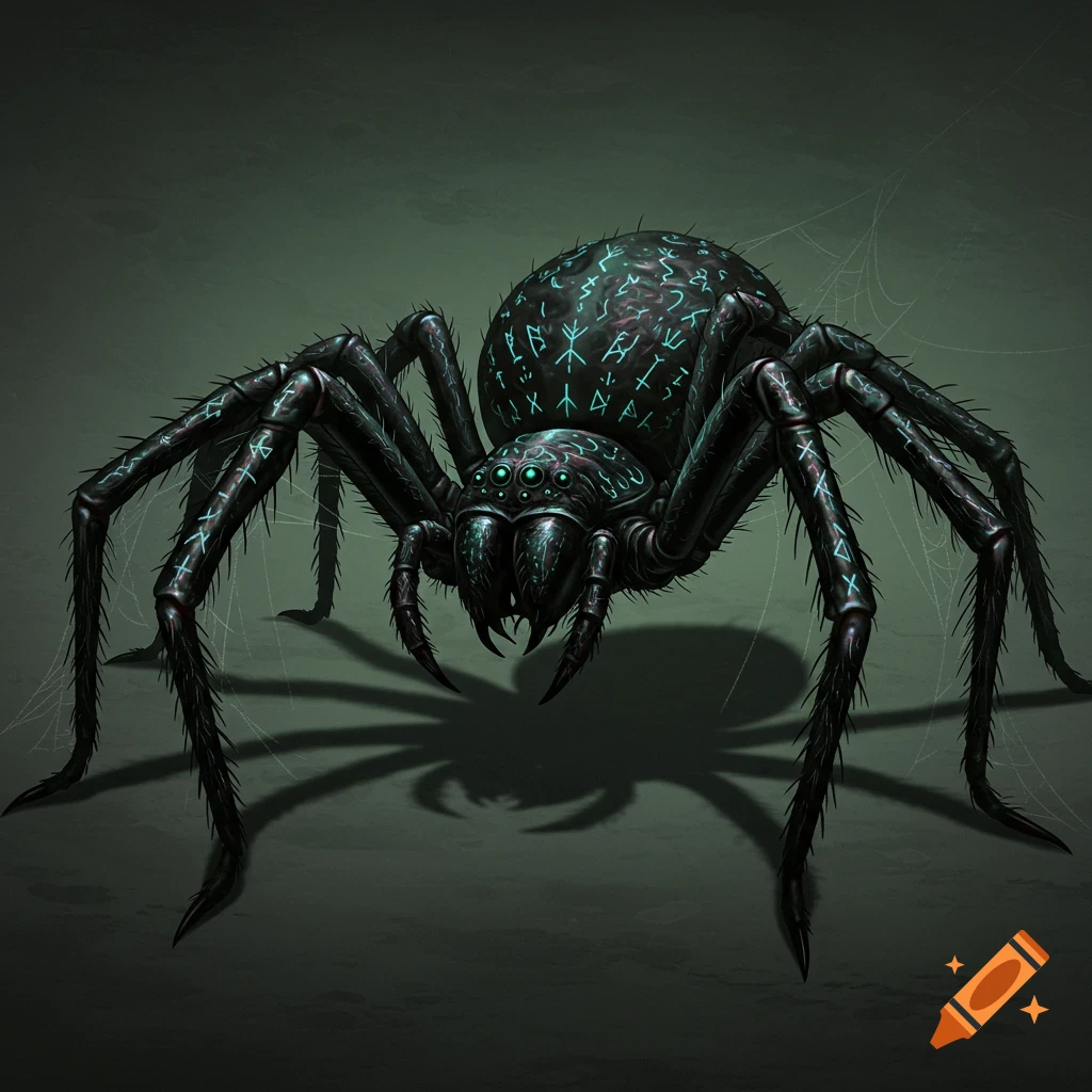 A dark, monstrous fantasy spider with glowing teal runic symbols covering its body and legs stands on a dark green background.