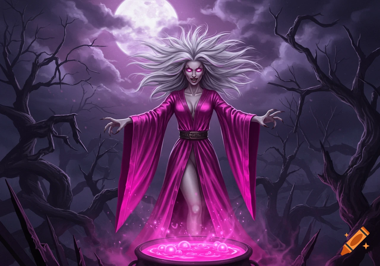 A menacing witch in a pink robe stands over a bubbling cauldron in a spooky, moonlit forest, fantasy art.