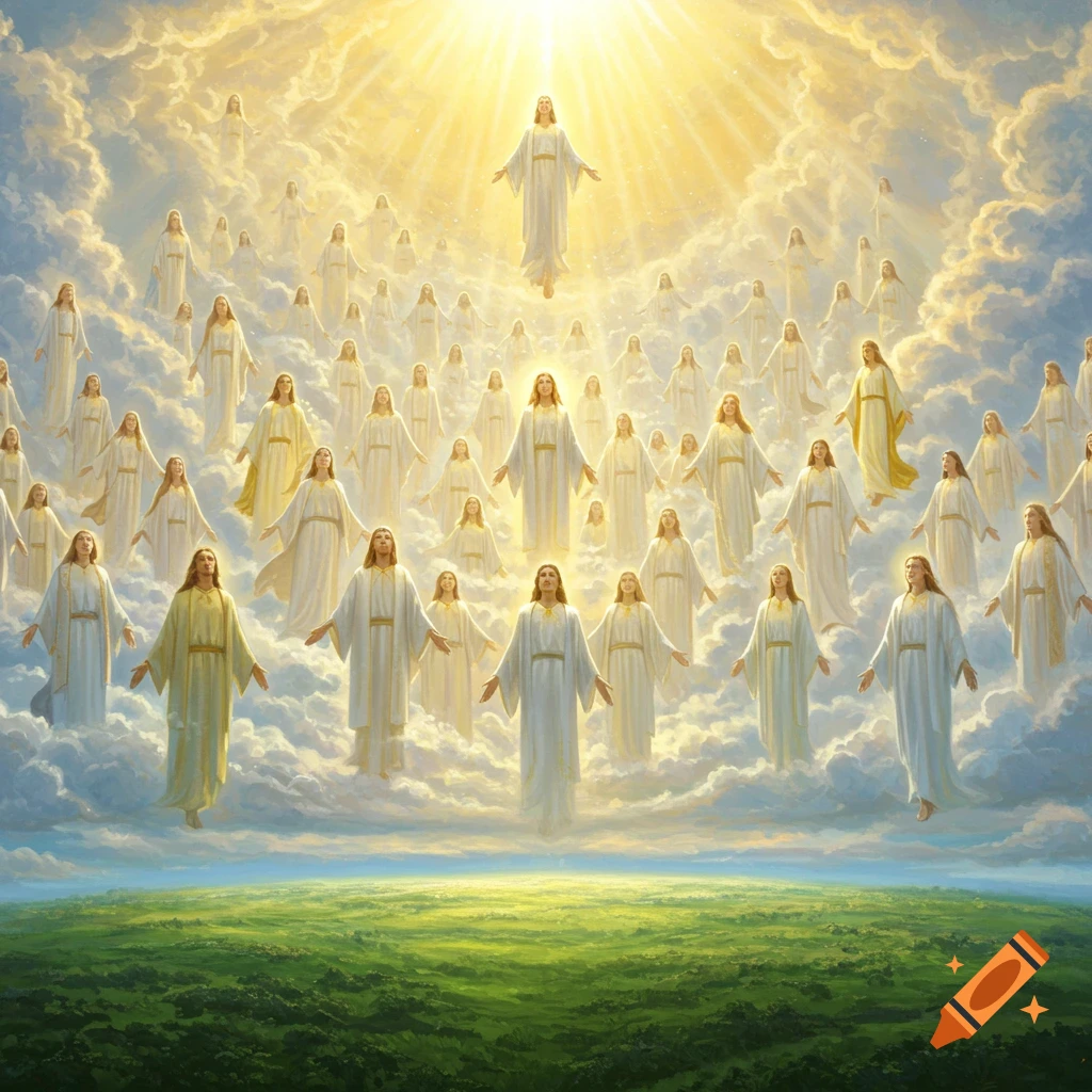 A multitude of robed figures float on golden lit clouds under a bright sun, above a vibrant green landscape.