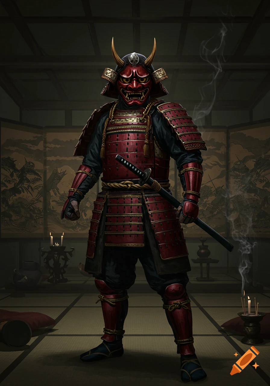 A samurai in full red and black armor with a menacing red oni mask and horned helmet stands in a dim traditional Japanese room.