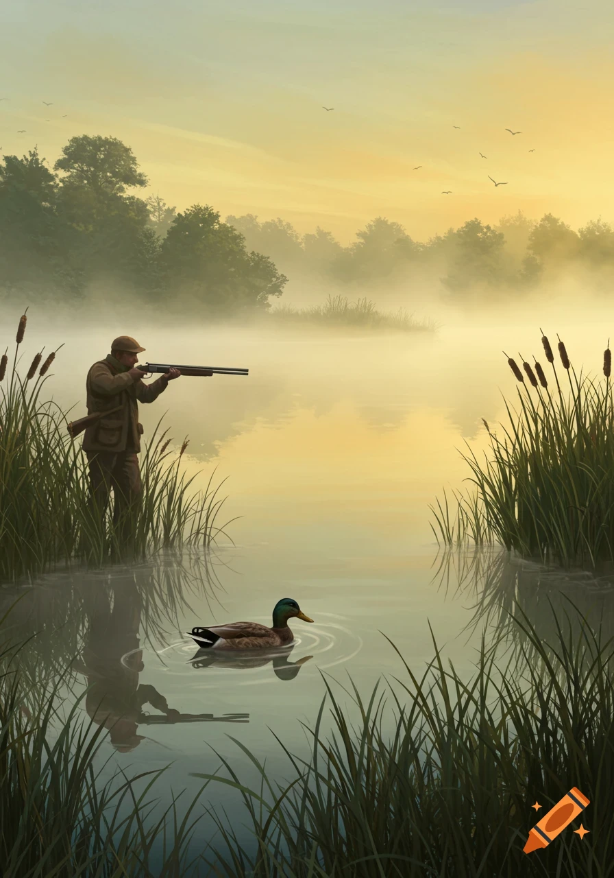 An illustration of a hunter aiming a rifle at a duck on a misty lake at sunrise, surrounded by tall reeds.