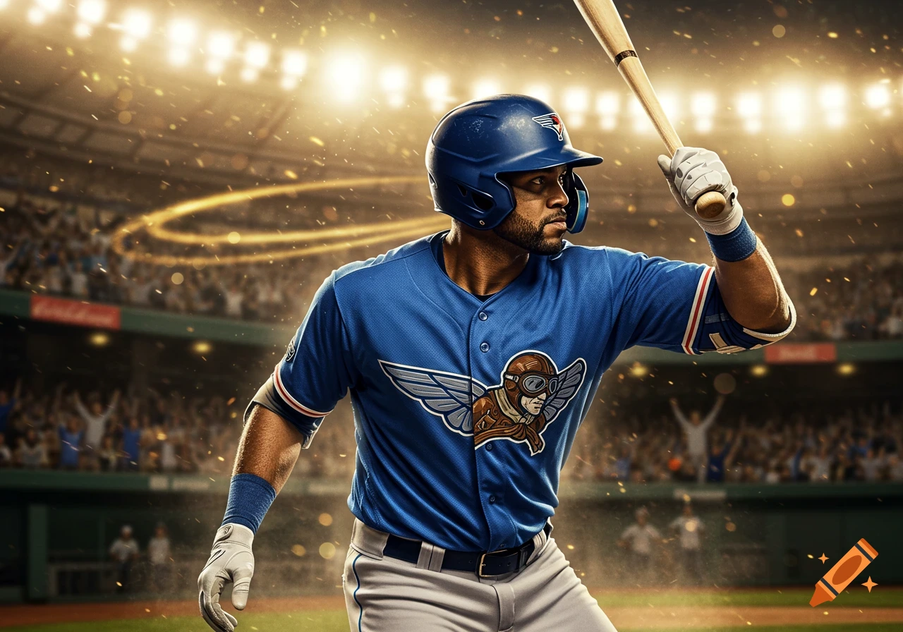 Photorealistic image of a male baseball player in a blue uniform, holding a bat in a brightly lit stadium.