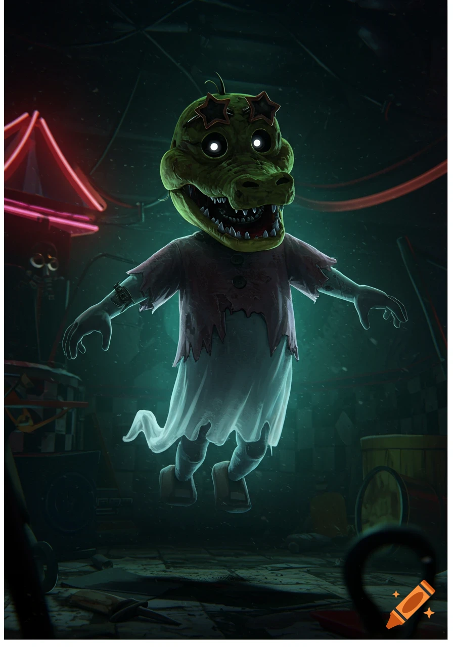 A creepy ghost-like figure with a green alligator mask, glowing eyes, and a tattered shirt floats in a dark, eerie room.