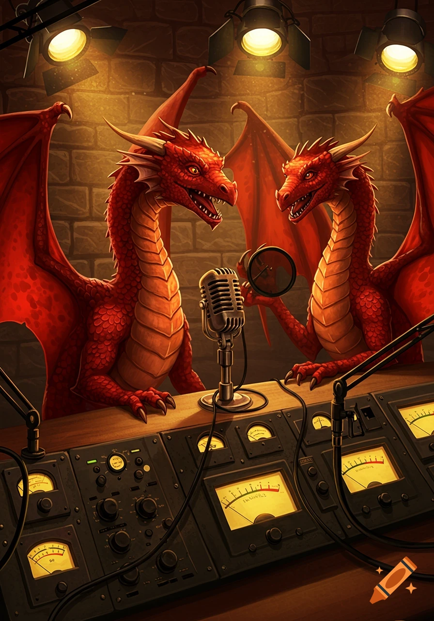 Two red dragons with large wings in a studio, one speaking into a vintage microphone, surrounded by retro radio broadcasting equipment and spotlights.