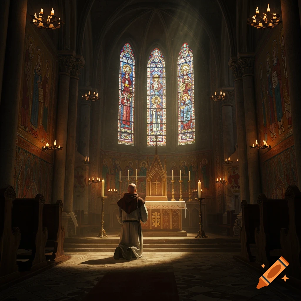 A robed figure kneels in prayer in a dimly lit church with stained glass windows and candles, bathed in shafts of light.