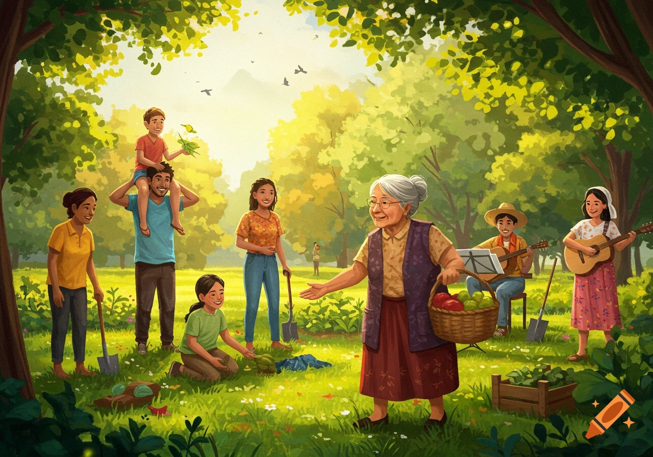 A vibrant illustration of a diverse, multi-generational family gardening and playing music together in a sunny, lush park.