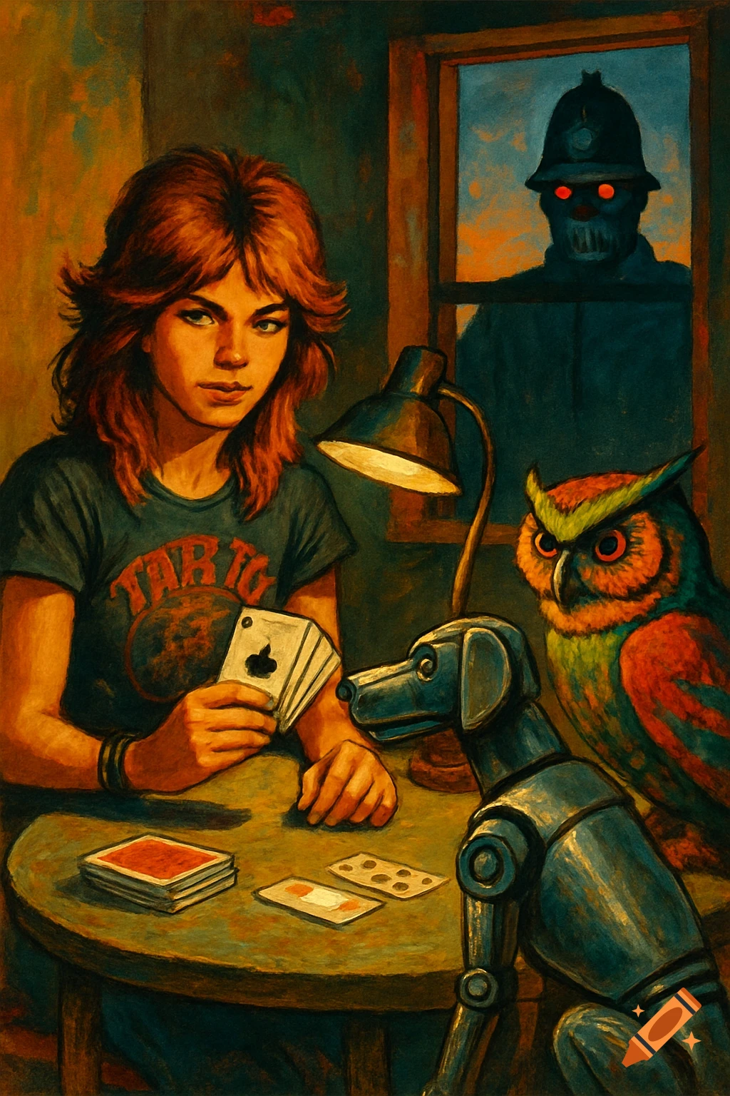 A teenage girl playing cards with a robot dog and owl, while a sinister robot watches from outside a window, in vintage pulp art style.