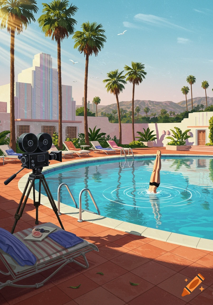 Retro illustration of a person diving into a swimming pool with a vintage film camera, palm trees, and an Art Deco building.