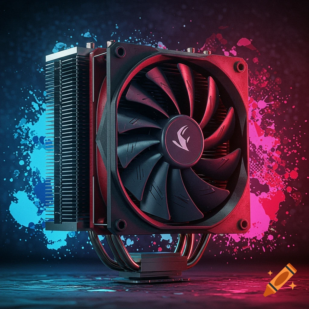A sleek black CPU cooler with a fan and heatsink, illuminated by vibrant red and blue light and paint splatters on a dark background.