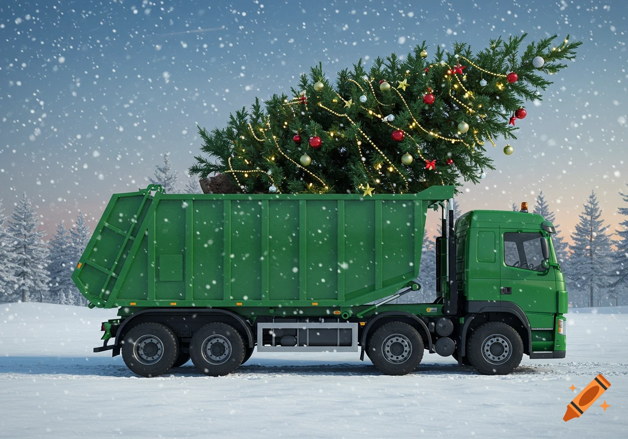 A photorealistic illustration of a green garbage truck carrying a decorated Christmas tree through a snowy winter landscape.