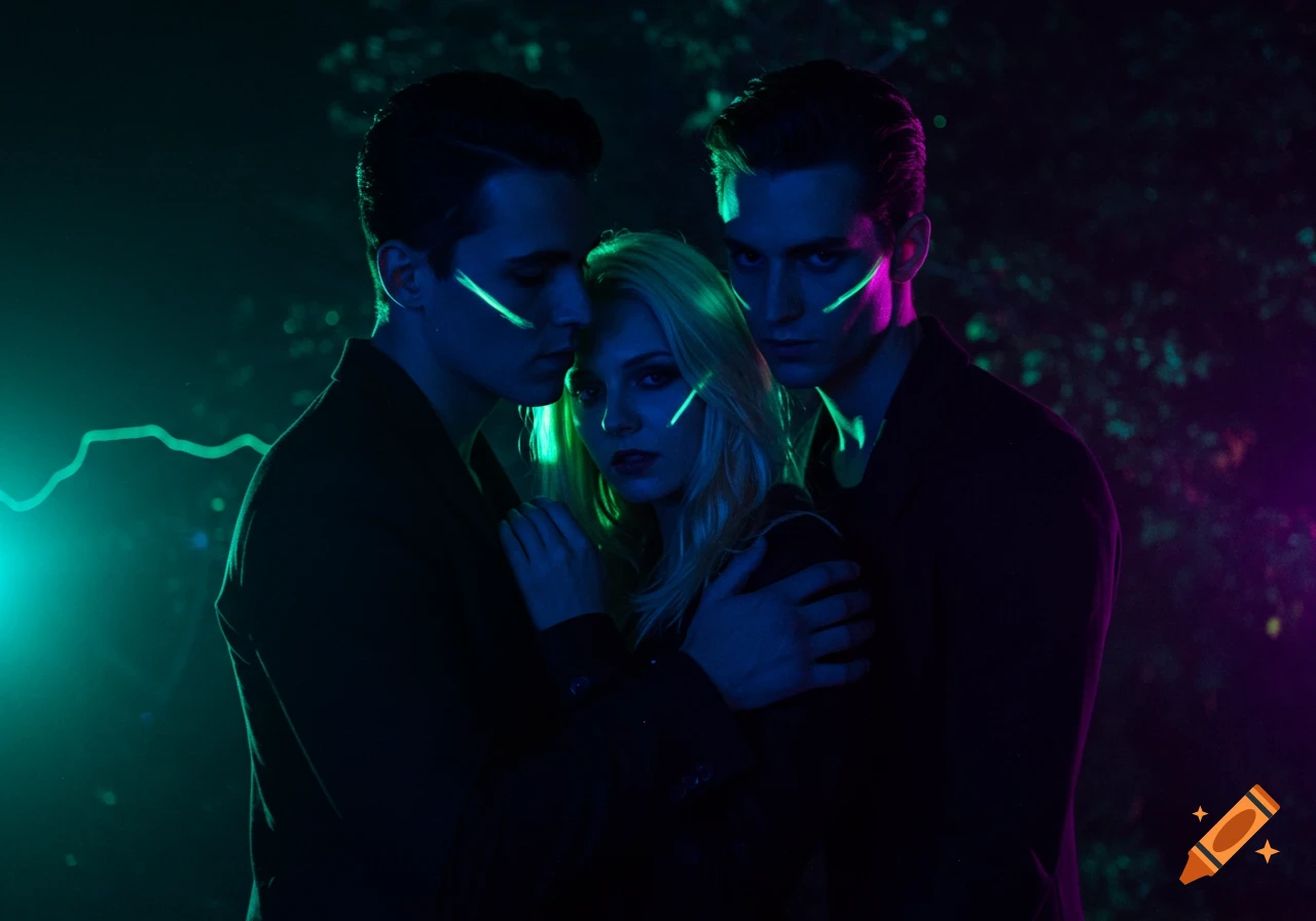 Two men hug a blonde woman in a dramatic, dark portrait with neon green and purple UV lighting.