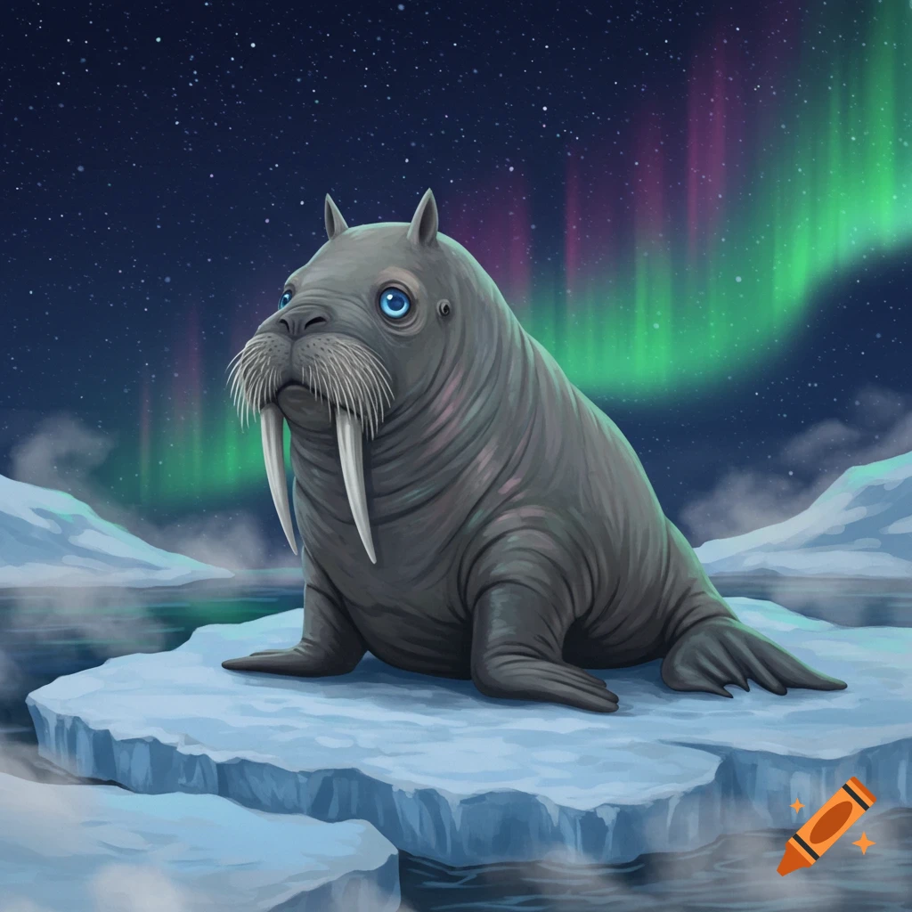 An illustrated walrus with blue eyes and small ears sits on an ice floe under a starry sky with a vibrant aurora borealis.