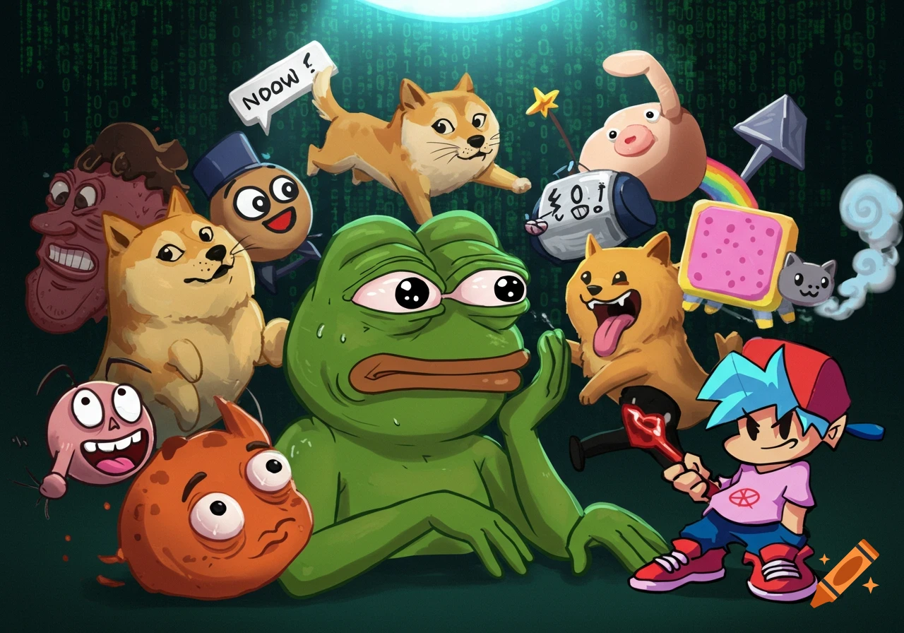 An illustration of various internet memes, including Pepe the Frog, Doge, Nyan Cat, and others, gathered against a Matrix-style binary code background. "NOOW!" appears in a speech bubble.