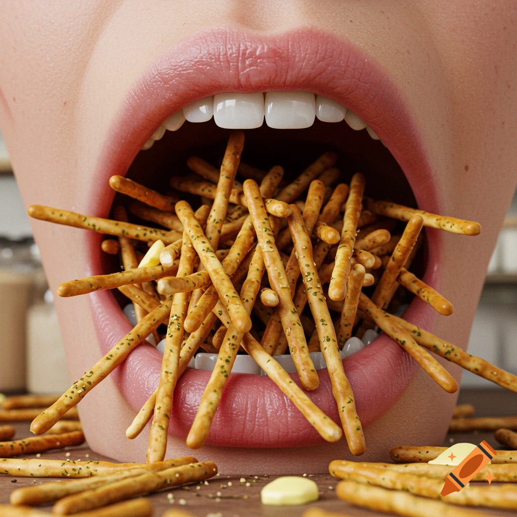 A close-up, photorealistic image of a human mouth overflowing with numerous savory breadsticks, some scattered on a wooden surface.