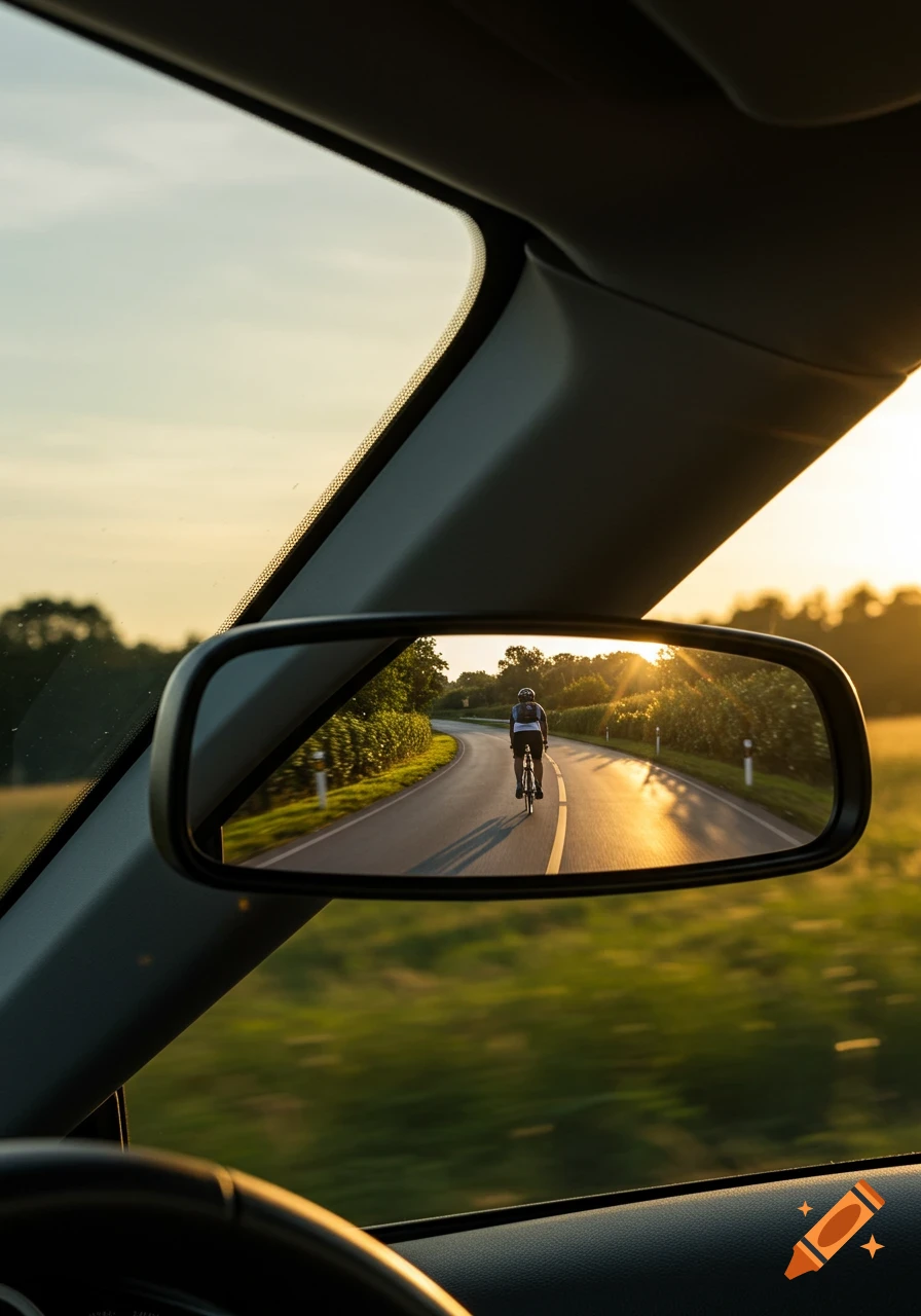 A cyclist is reflected in a car's rearview mirror on a winding road during golden hour, bathed in warm sunlight.
