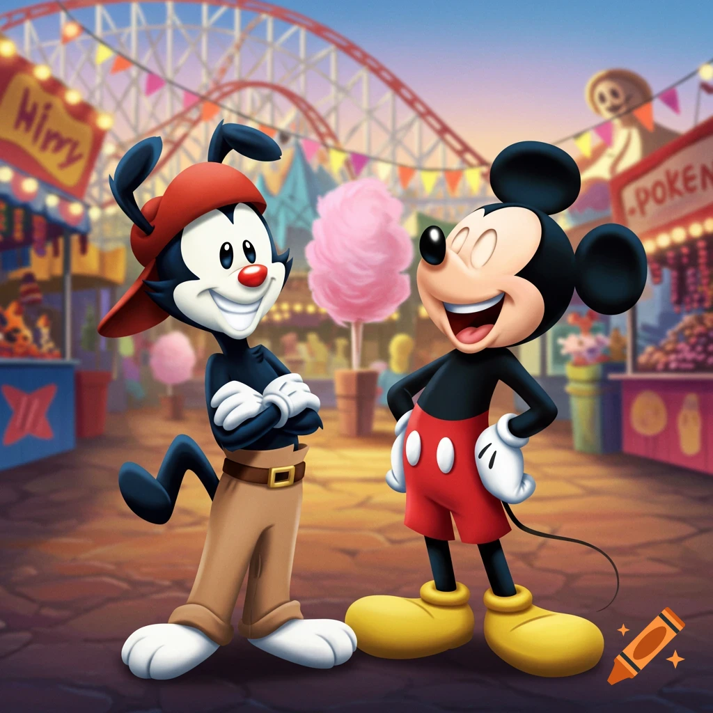 Yakko Warner and Mickey Mouse smile at a vibrant amusement park with cotton candy and a roller coaster in the background.
